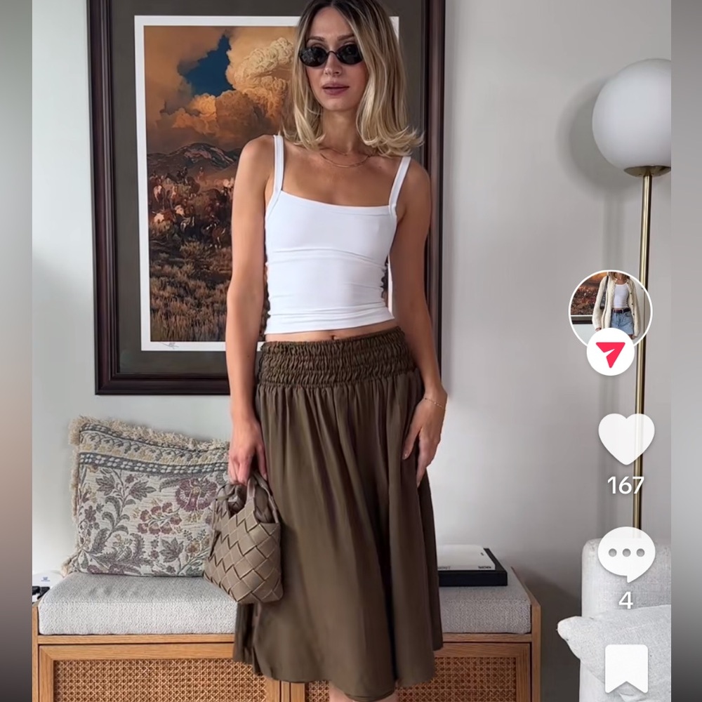 MISTRESS ROCKS - NWT - OLIVE SHIRRED WAIST MIDI SKIRT